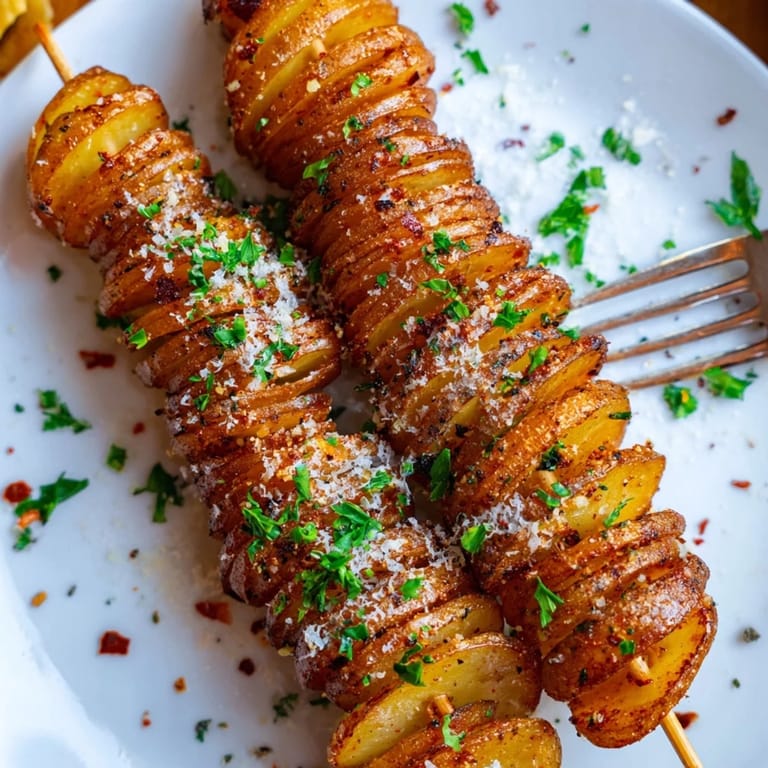 Golden-brown Air-Fryer Tornado Potatoes served hot, infused with garlic and paprika.  