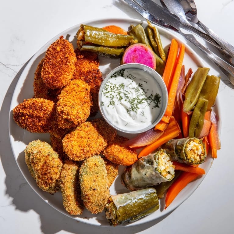 Delicious pickle lovers meal featuring fried pickles and pickled-wrapped bites.  