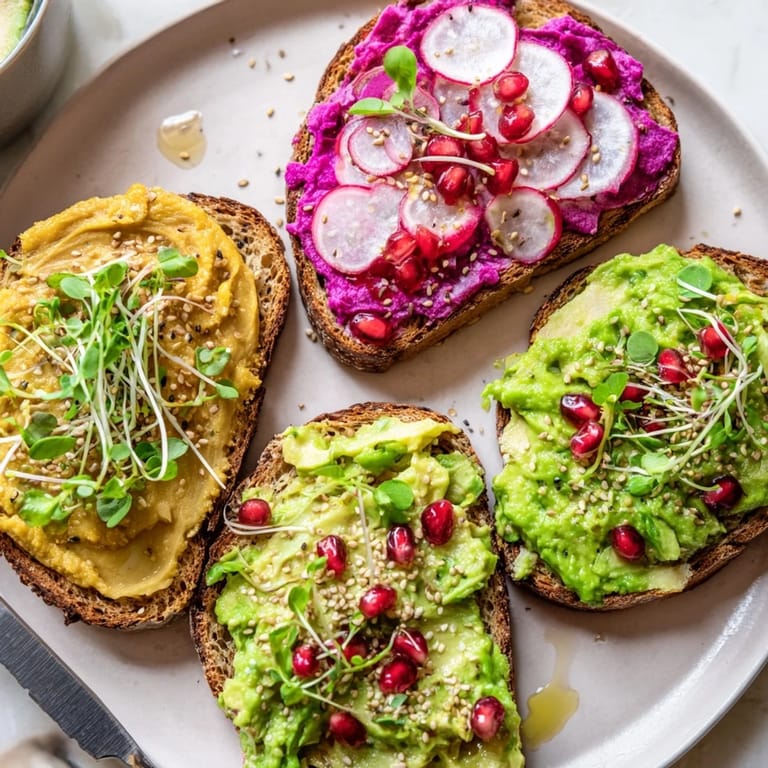 Colorful and flavorful Bright & Bold Breakfast Toasts featuring ube and fresh herbs.