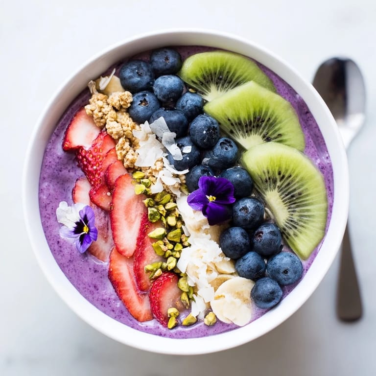 Delicious smoothie bowls topped with kinetic kiwi and crunchy pistachios for morning energy.  