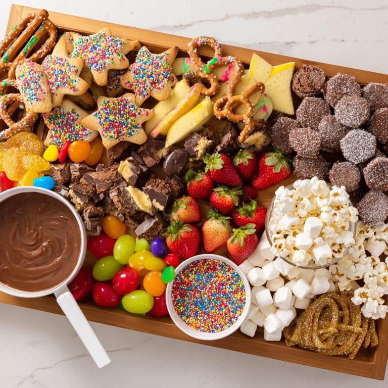 Themed dessert boards creatively arranged with candies and fresh fruits for gatherings.