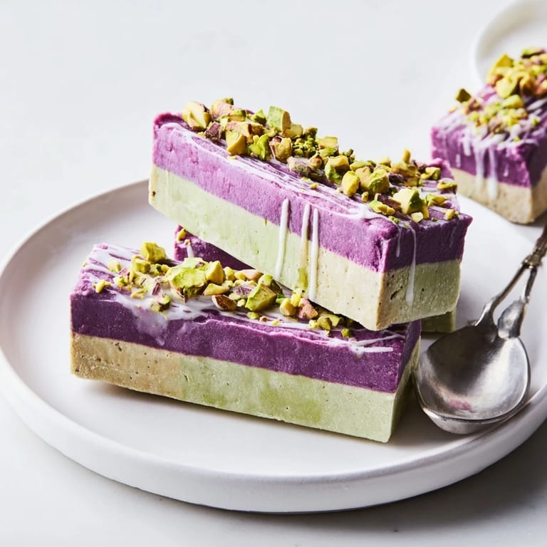 Vibrant ube and nutty pistachio ice cream bars, perfect for summer gatherings.  