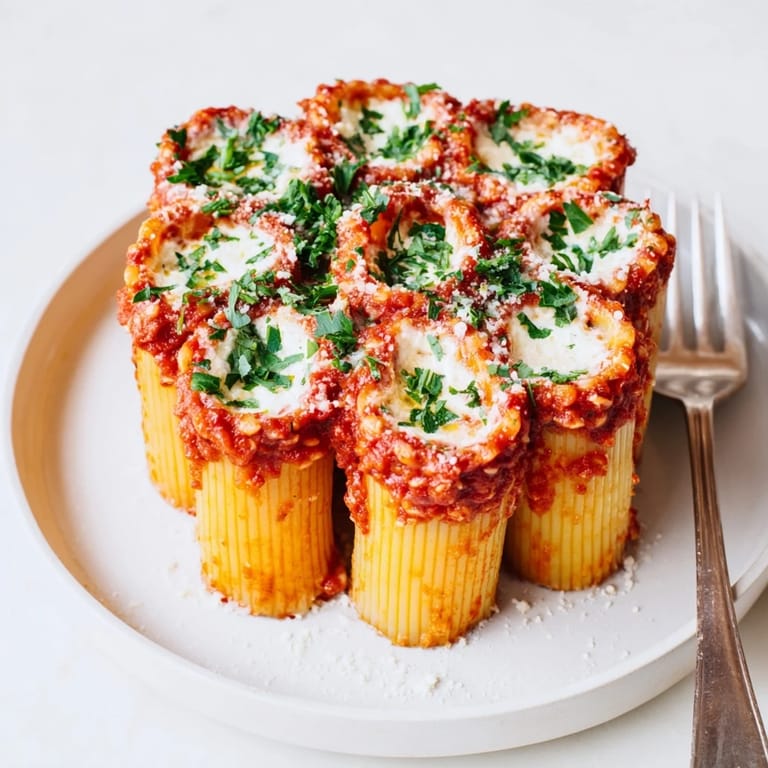 A delightful honeycomb pasta cake, showcasing golden melted cheese and fresh parsley.  