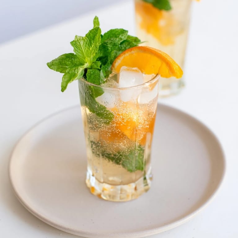 Lightly sparkling probiotic soda mocktail garnished with orange slices and fresh herbs.  
