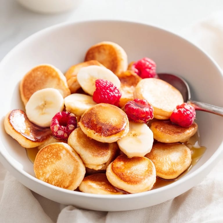 Golden, fluffy mini pancake cereal bites perfect for a sweet breakfast treat.