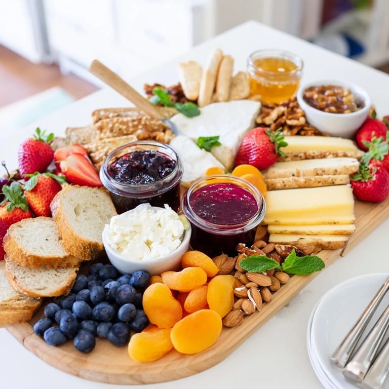 Vibrant jam-infused brunch board featuring artisanal breads and seasonal fruit delights.