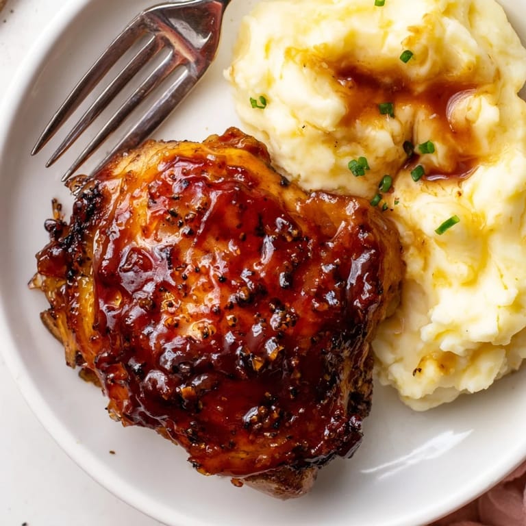 Golden, oven-baked honey BBQ chicken thighs paired with creamy, buttery garlic mashed potatoes.  
