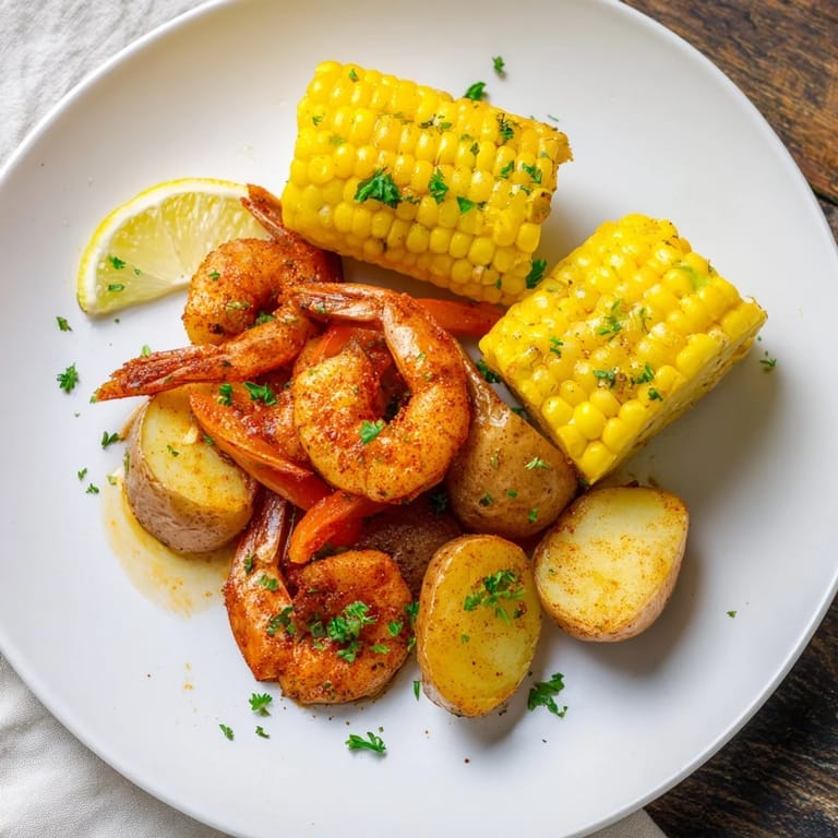 Spicy Cajun shrimp with sweet corn on the cob, perfect for summer gatherings.