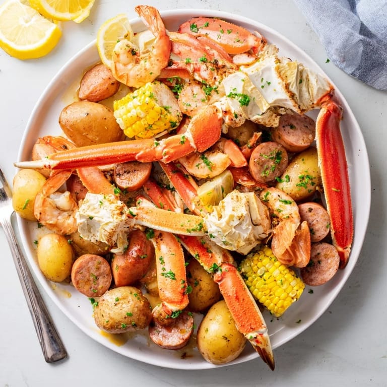 A vibrant seafood boil showcasing spicy sausage, succulent crab, and juicy shrimp.