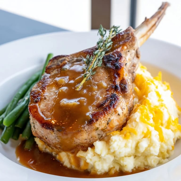 Satisfying Pork Chops & Cheddar Mash Bowl drizzled with rich gravy and vibrant veggies.