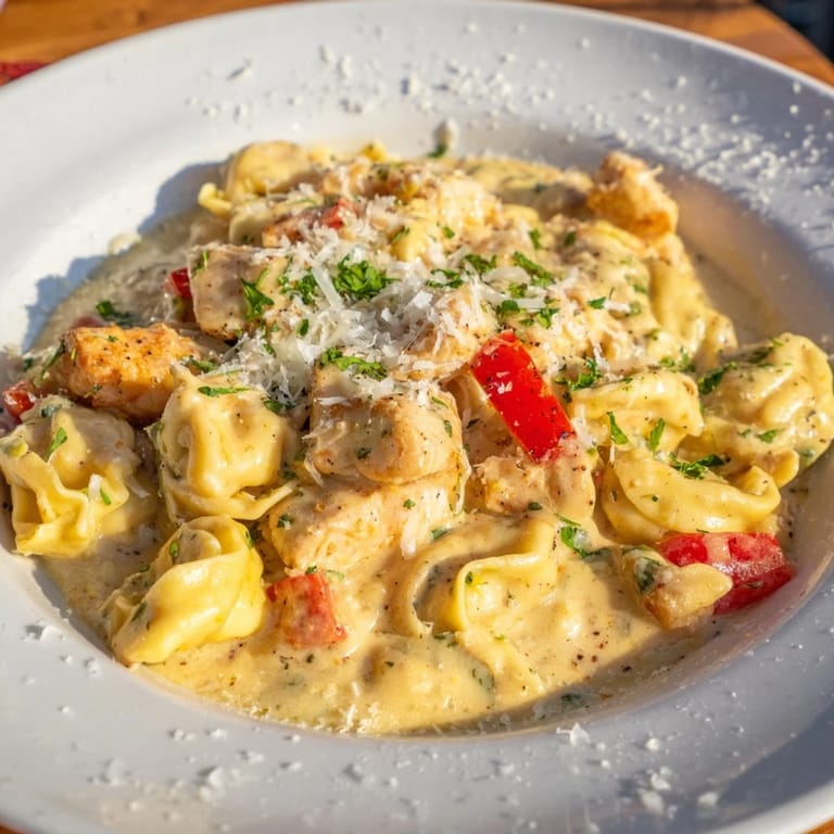 A steaming bowl of Zesty Cajun Garlic Parmesan Chicken Tortellini, the perfect weeknight meal with bold flavors.
