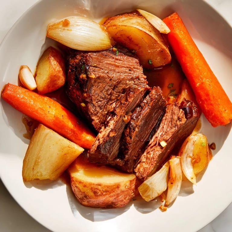 Savor the aroma of a slow-cooked Sunday Pot Roast served with a delicious medley of roasted veggies.