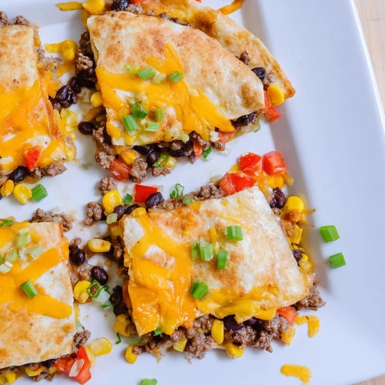 These hearty sheet pan quesadillas, overflowing with flavorful beef, are ready to be sliced and served.