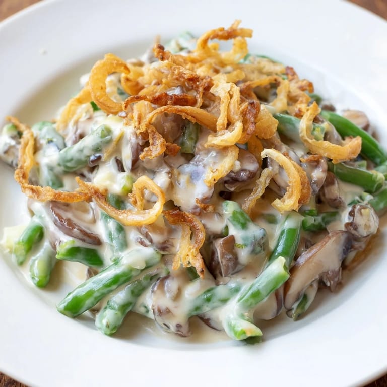 Sizzling Old-School Green Bean Casserole, a classic dish with tender beans and savory mushroom sauce.