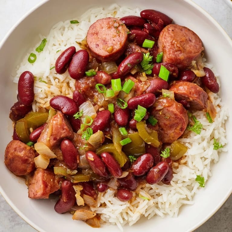 A close-up view of hearty Red Beans & Rice, garnished with fresh green onions for flavor.