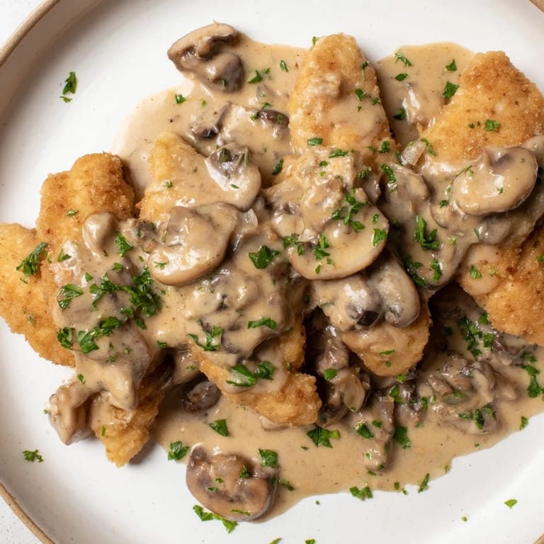 A close-up shot of Creamy Chicken Stroganoff showcasing the creamy, mushroom-filled sauce and browned chicken.