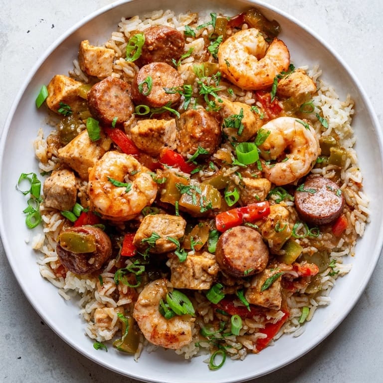 Close-up of a flavorful Cajun Jambalaya Rice Bowl with vibrant colors and perfectly cooked shrimp.