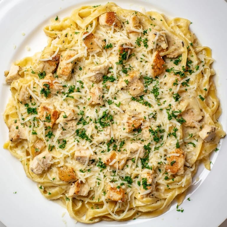 A close-up shot of baked Chicken Fettuccine Alfredo, a delicious Italian-American comfort food.