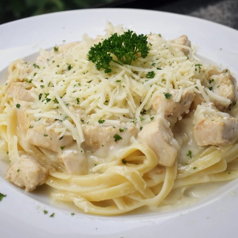 Cheesy, golden Chicken Fettuccine Alfredo Bake, a warm casserole dish ready to be enjoyed.