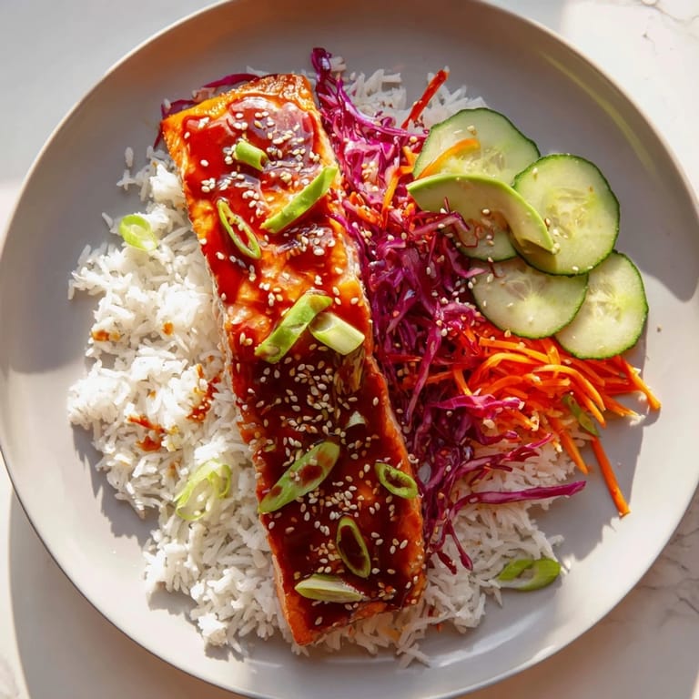 Vibrant sweet chili salmon rice bowl, featuring a glazed salmon fillet with fresh, crunchy toppings.
