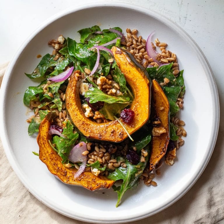 A colorful bowl filled with fluffy farro, and savory mustard greens making this Farro salad delicious.