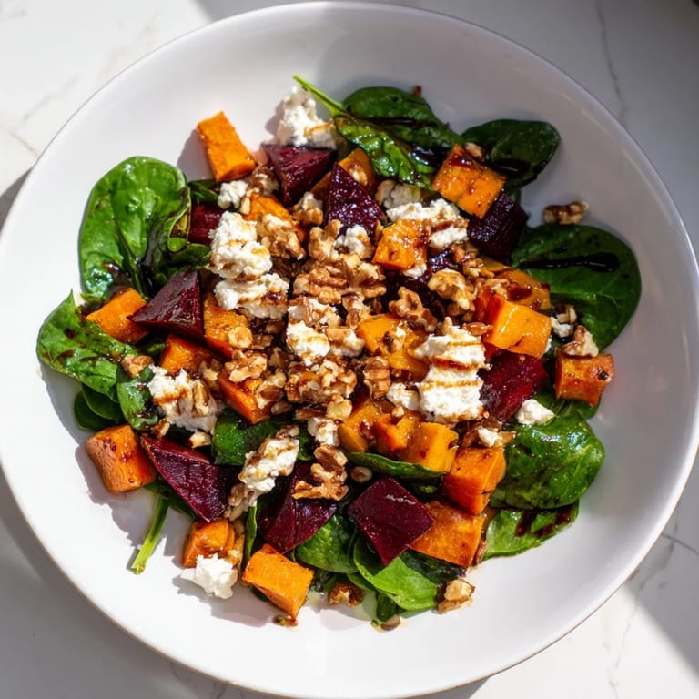 A colorful Roasted Beet, Butternut & Spinach Salad with creamy goat cheese and toasted walnuts.