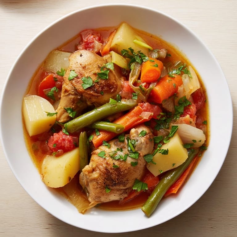 Savory Slow-Cooker Chicken & Vegetable Stew, showcasing tender chicken amidst vibrant, cooked vegetables.