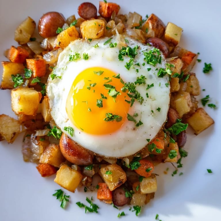 Crispy potatoes and hot dogs form the base of this satisfying Egg & Potato Hash, topped with sunny-side-up eggs.