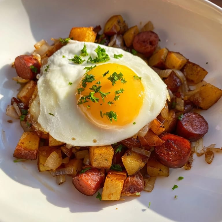 Sizzling skillet of American comfort food: flavorful Egg & Potato Hash with sizzling hot dogs and onions.