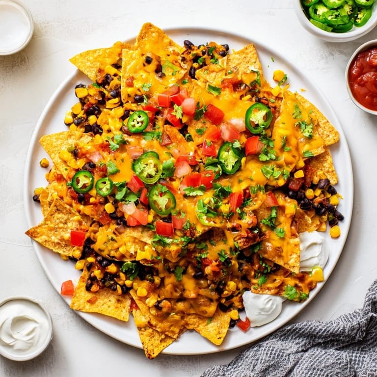 Perfectly baked sheet-pan nachos brimming with melted cheddar, hearty beans, and fresh toppings.