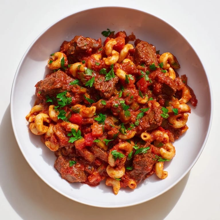 Close-up of a rustic goulash recipe, highlighting juicy meat, veggies, and pasta.