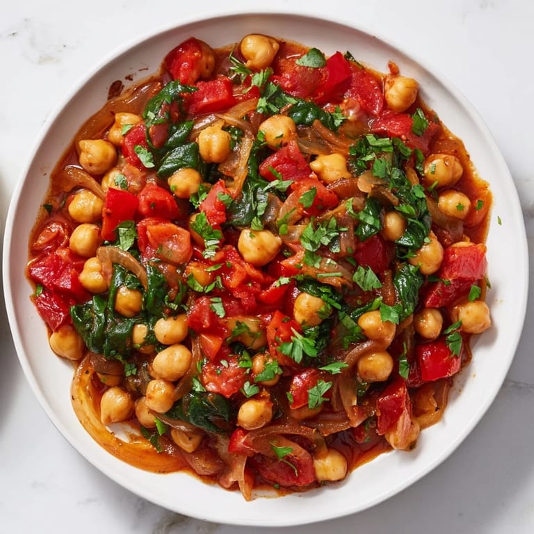 A flavorful close-up of the Mediterranean-inspired Vegetarian Chickpea & Spinach Skillet, ready to serve and enjoy.