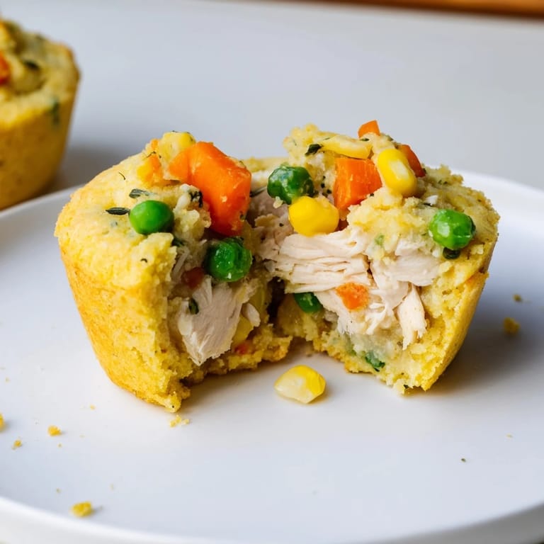 Delicious, bite-sized Mini Chicken Pot Pie Cornbread Muffins with a perfectly baked, savory filling.