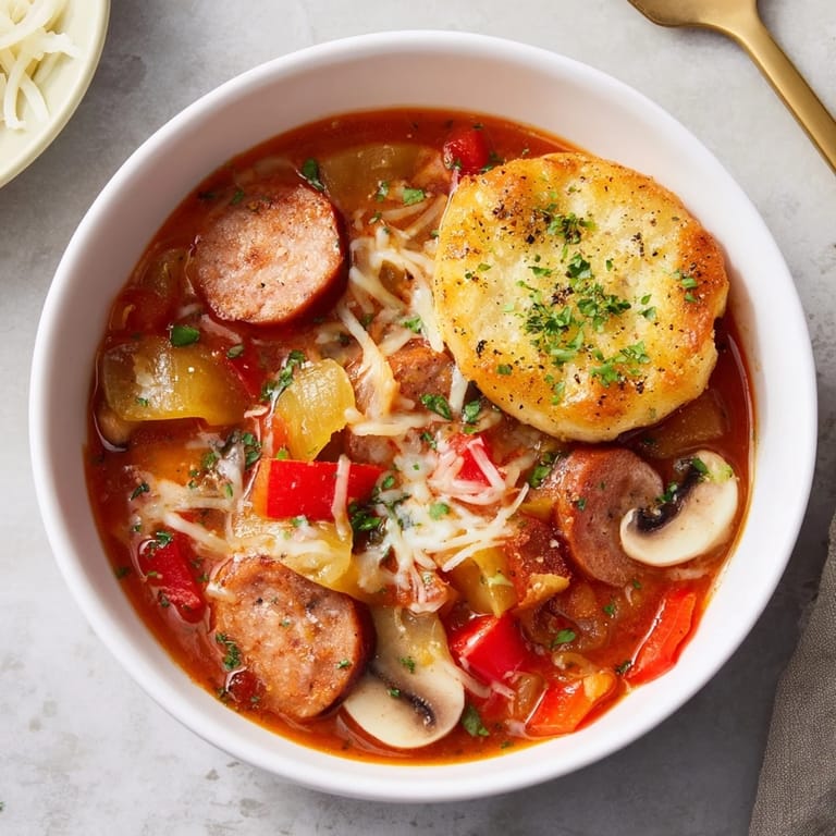 Warm bowl of Pizza Pot Pie Soup, perfect fusion of pizza flavors and hearty pot pie texture.