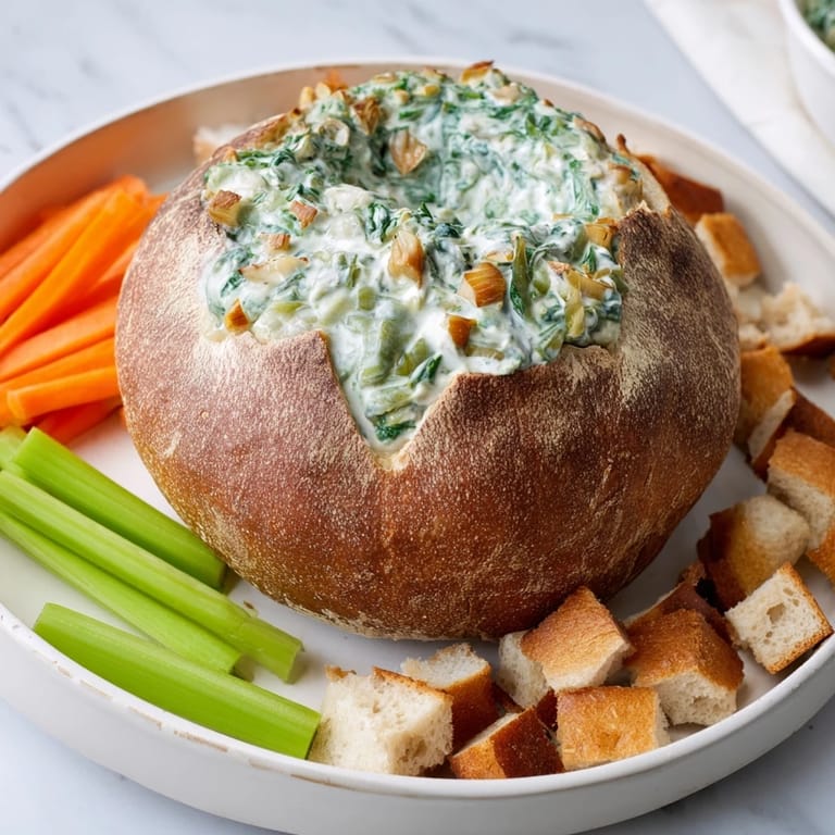 Golden-brown bread hosts the delicious The Best Spinach Dip Ever, a flavorful appetizer for sharing and enjoyment.
