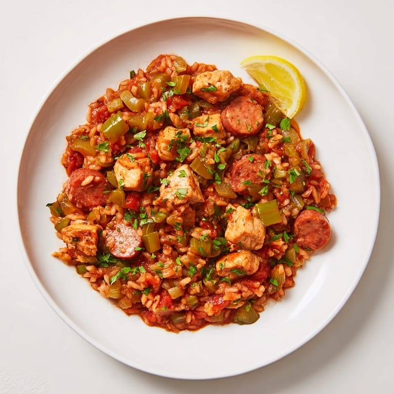 Imagine the savory aromas of this home-style Simple Chicken and Sausage Jambalaya Bake, ready for a comforting meal.