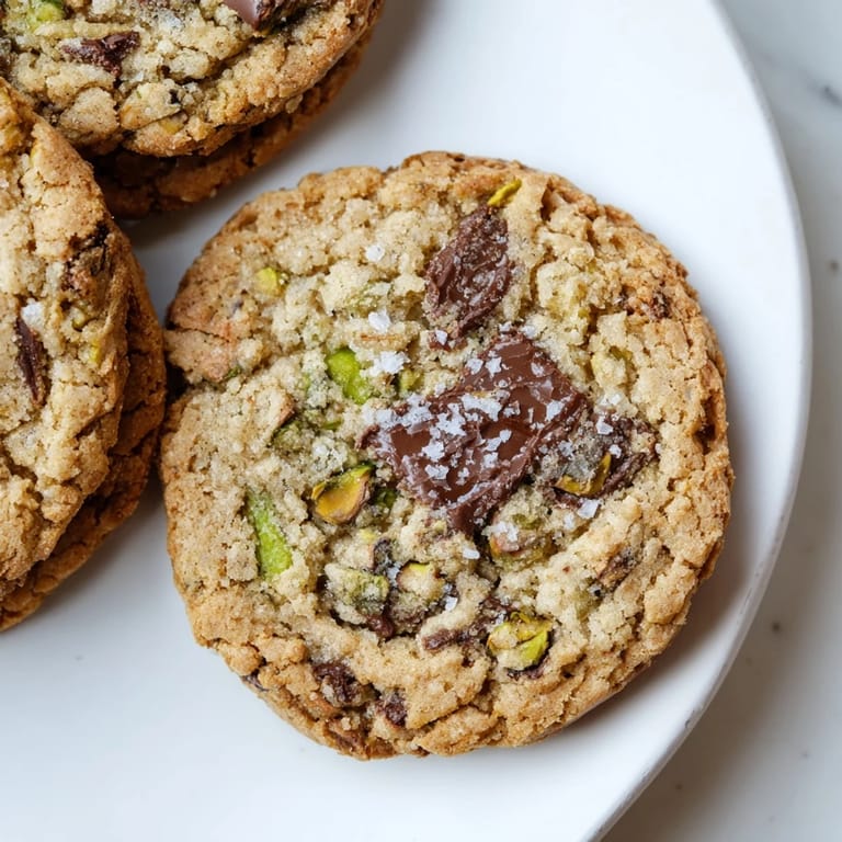 Freshly baked Salted Pistachio Chocolate Chunk Shortbread displaying a tempting array of textures and dark chocolate.