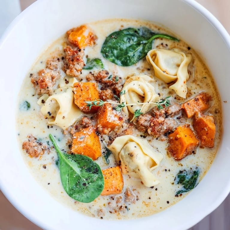 Golden, creamy broth around tender tortellini in this delicious sausage tortellini soup recipe.