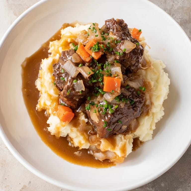 A hearty bowl of Apple Cider Stew Mash, featuring tender beef and rich, cider-infused flavors.