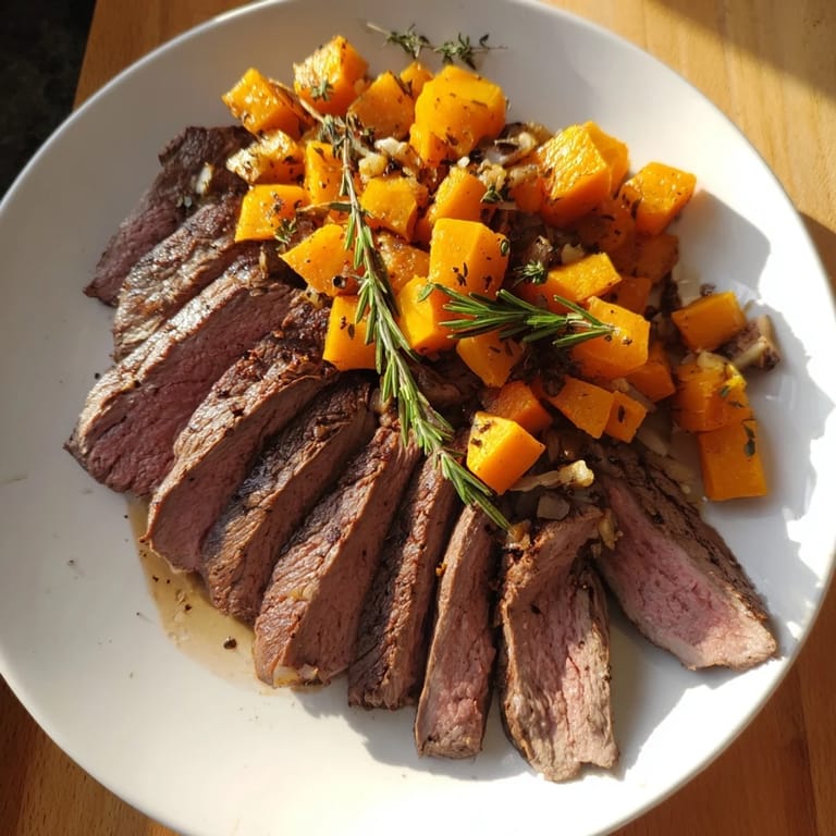 Slices of savory garlic-herb steak nestled in vibrant butternut squash bowls, a delicious American meal.