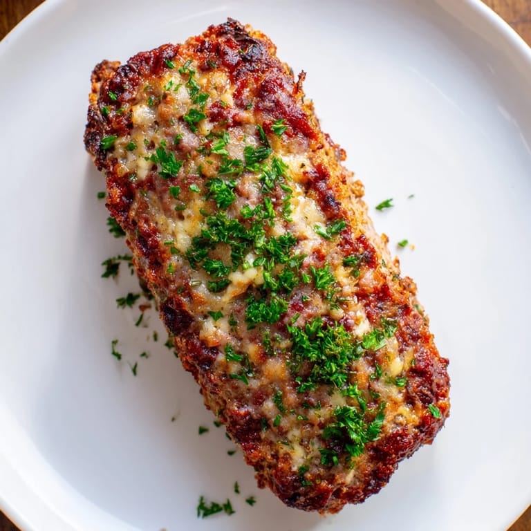 A close-up of baked Garlic Parmesan Chicken Meatloaf, showcasing a golden crust and savory aroma.