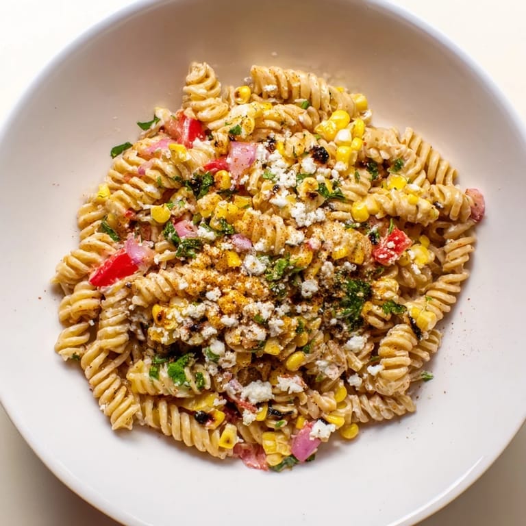 This Healthier Mexican Street Corn Pasta Salad showcases vibrant colors and a tangy lime dressing.