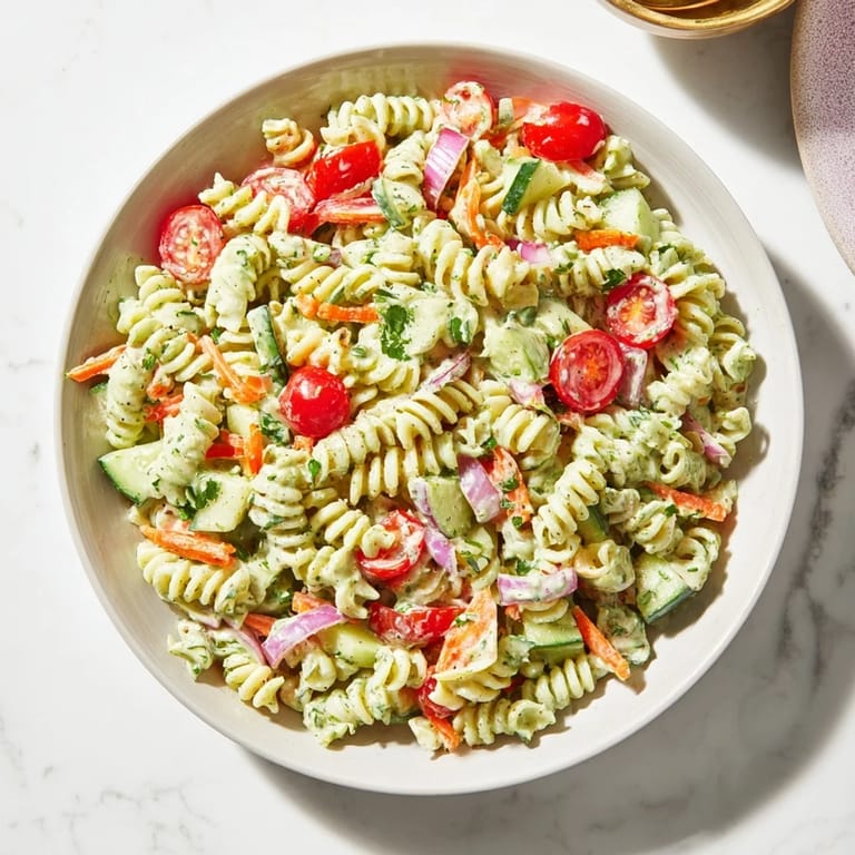 Colorful close-up of Vegan Hemp Seed Ranch Pasta Salad, ideal for a picnic or meal prep.