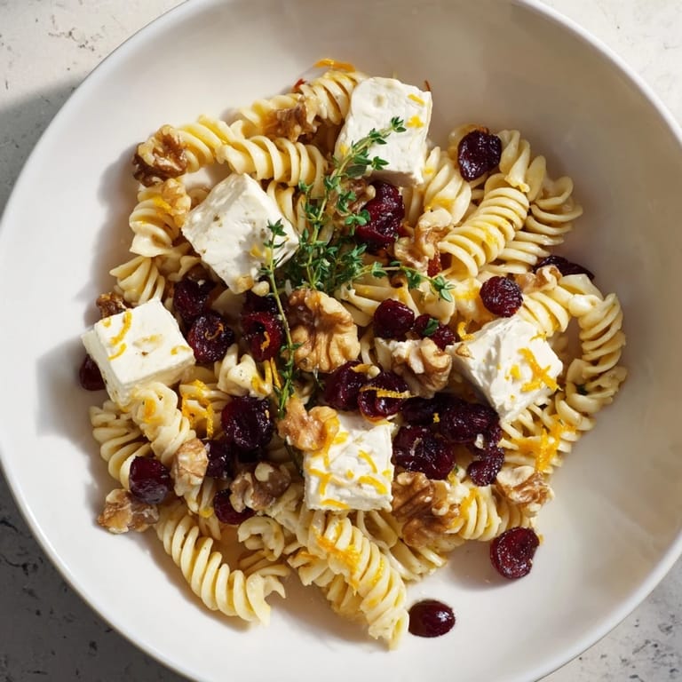 Vibrant photo of baked Brie & cranberry pasta, showcasing the melted cheese and sweet cranberries perfectly.