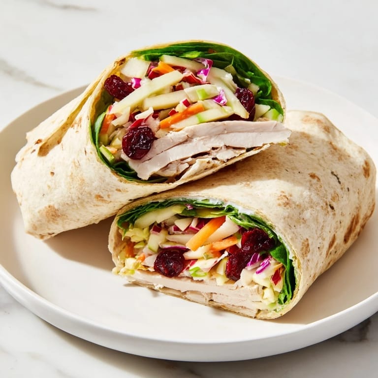 A close-up of a delicious Cranberry Apple Slaw Turkey Wrap with visible slaw and turkey layers.