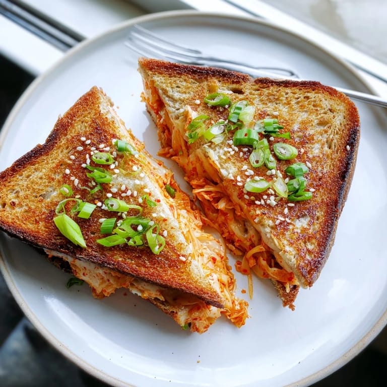 Freshly assembled Skillet Kimchi & Cheddar Fusion Grilled Cheese, showcasing tangy kimchi and melted cheddar between toasted bread.