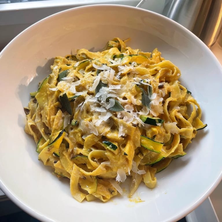 Enjoy the vibrant, creamy sauce coating each strand of Healthy Creamy Pumpkin Sage Holiday Pasta, garnished with fresh sage.