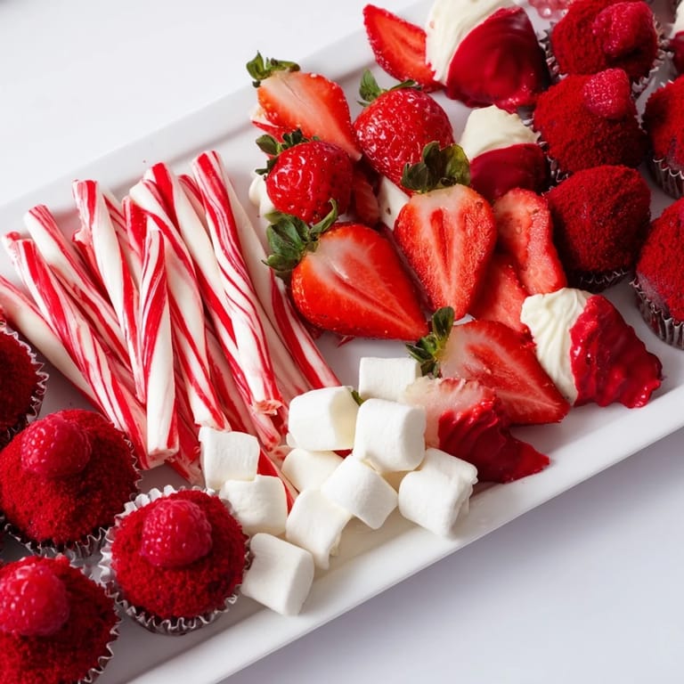 Vibrant Candy Cane Striped Platter loaded with strawberries, pretzels, and festive holiday desserts and flavors.