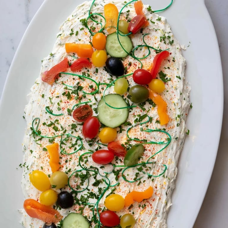 Creamy cheese foundation adorned with festive "bulbs," the Christmas Lights Appetizer Spread looks delicious with crackers.