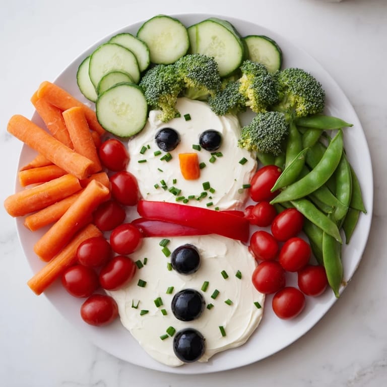 Festive Snowman Veggie Dip Platter with a creamy dip body, bright carrot nose, and colorful vegetable sides.